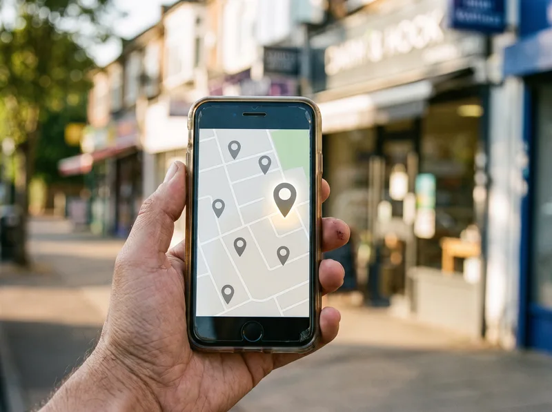 A phone showing a local map search with a highlighted pin on a sunny high street