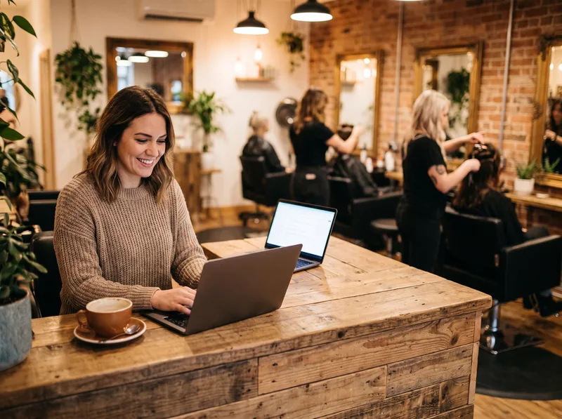 A salon owner updating her price list on a laptop at reception