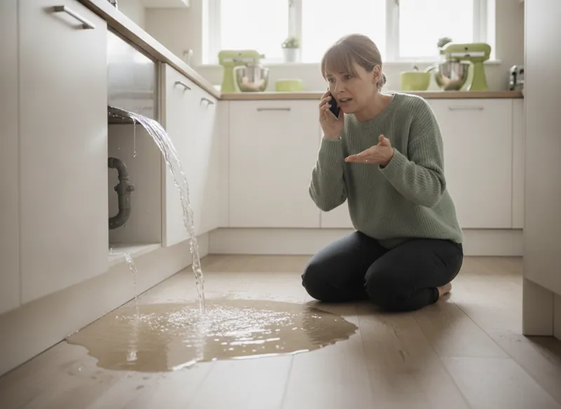 A homeowner in a kitchen with water leaking under the sink