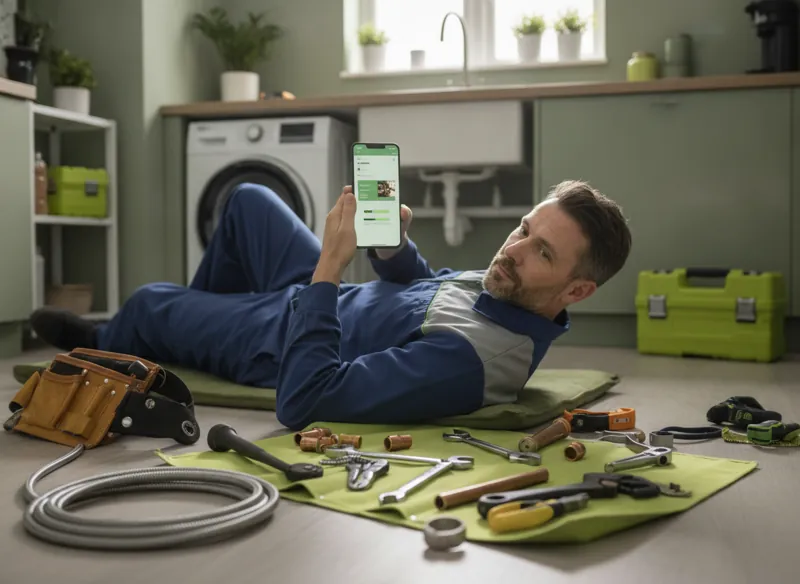 A plumber under a sink holding a smartphone that shows a website loading instantly