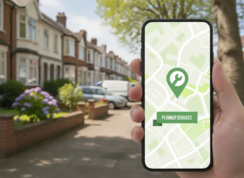 A smartphone showing a local map search with a plumber business pin