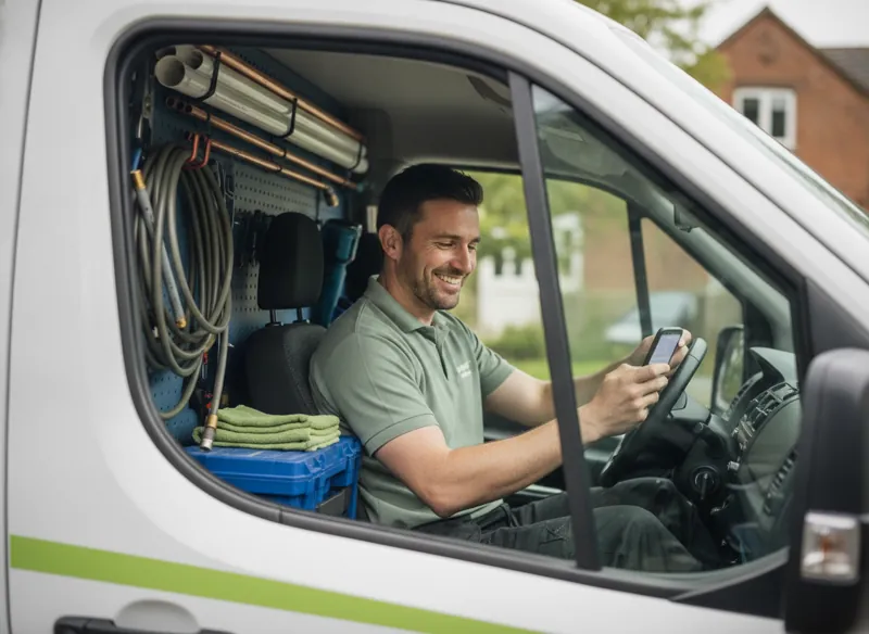 A plumber in his van between jobs