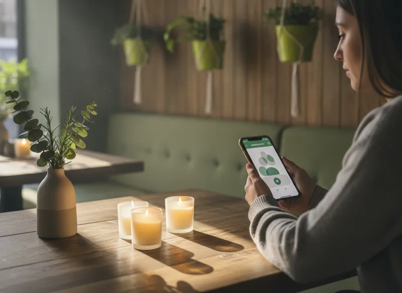 A diner booking a table on a smartphone at a candlelit restaurant table
