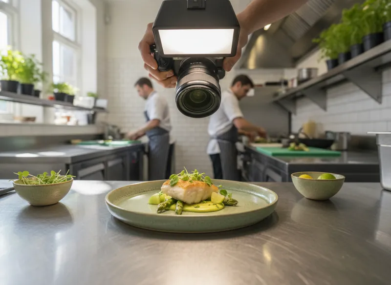 A beautifully plated dish being photographed with a camera at a bright restaurant kitchen pass