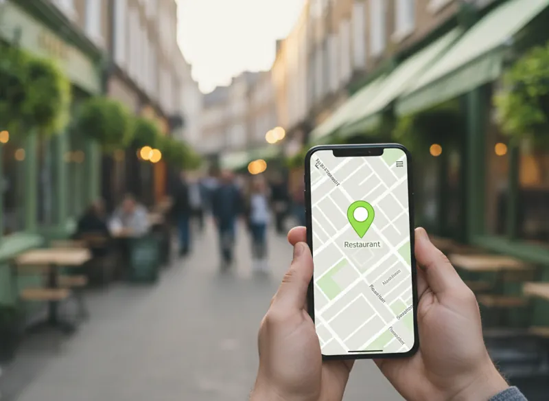 A smartphone showing a local map search with a restaurant pin
