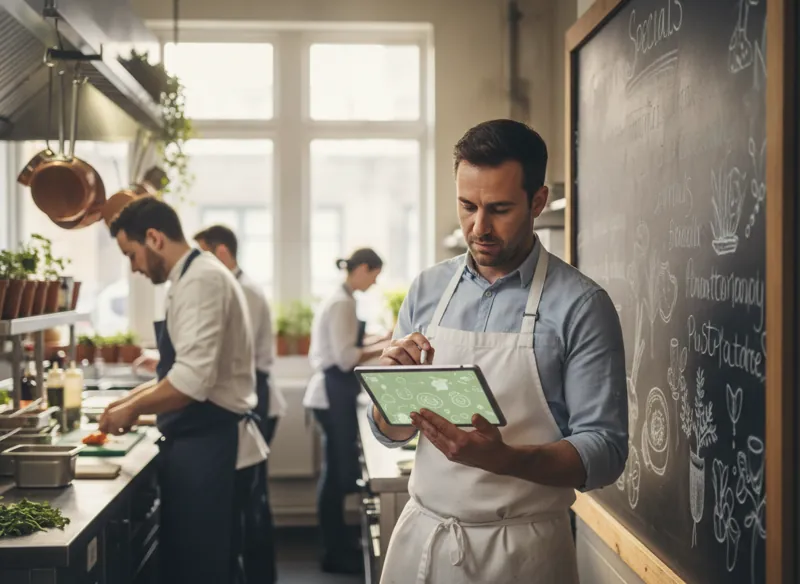 A chef updating a seasonal menu on a tablet next to a chalk specials board in a bustling kitchen