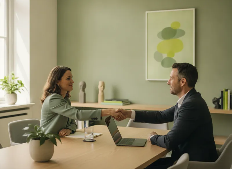 A solicitor greeting a new client in a calm