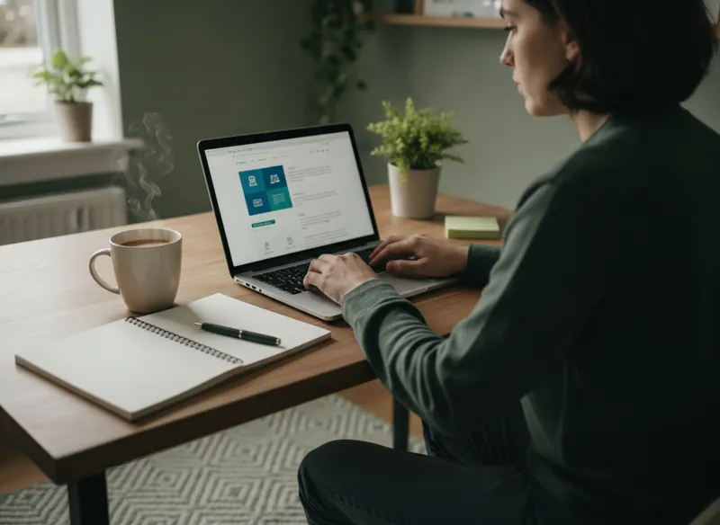 A person at home researching legal help on a laptop