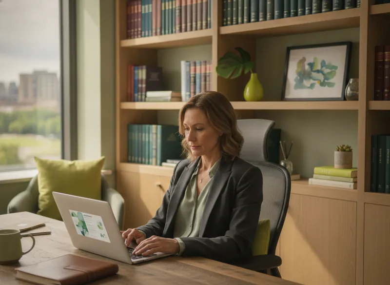 A law firm partner updating the firm website on a laptop in a smart office with bookshelves