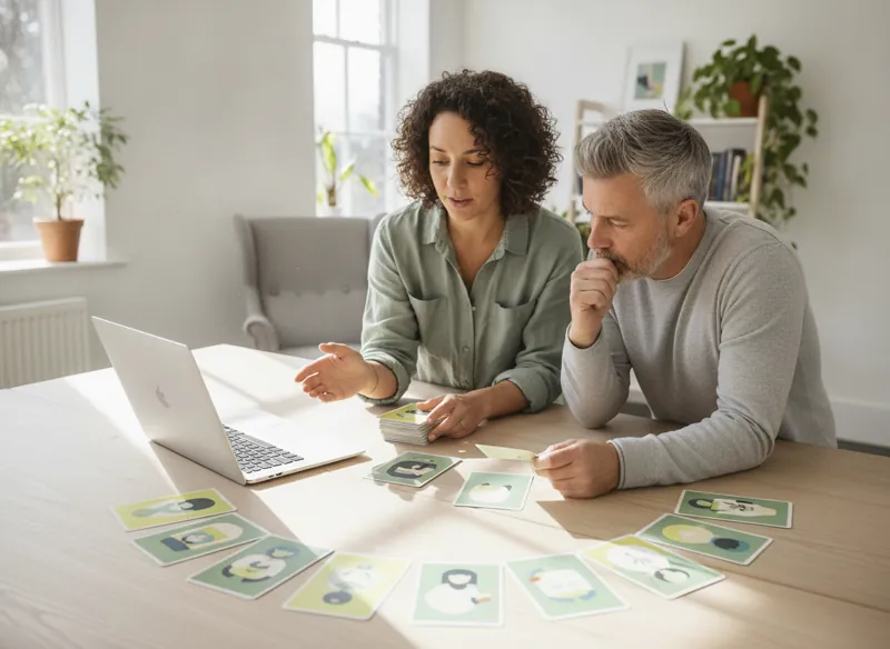 A web designer and a client discussing customer personas on printed cards around a laptop in a bright studio