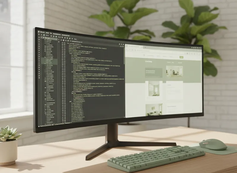 A developer's monitor showing clean code beside a fast-loading website preview