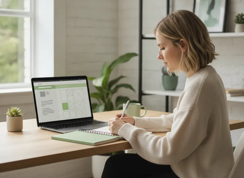 A laptop showing a search results page and a well-structured web page wireframe side by side