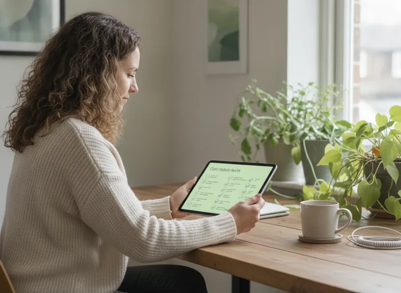 A web designer reviewing a client's website health checklist on a tablet