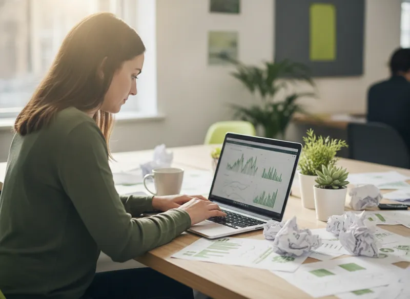An analyst auditing an old website on a laptop with traffic charts and printed notes on the desk