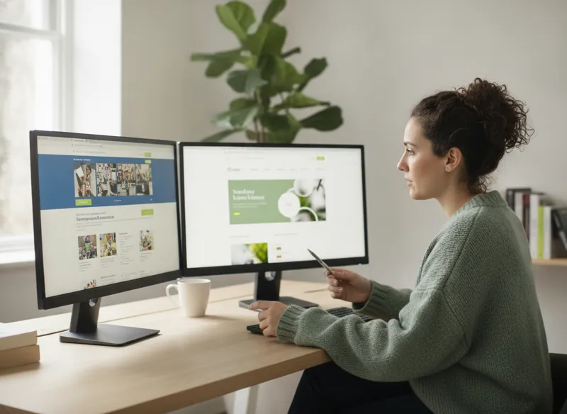 A designer comparing an old dated website and a fresh modern redesign side by side on two monitors