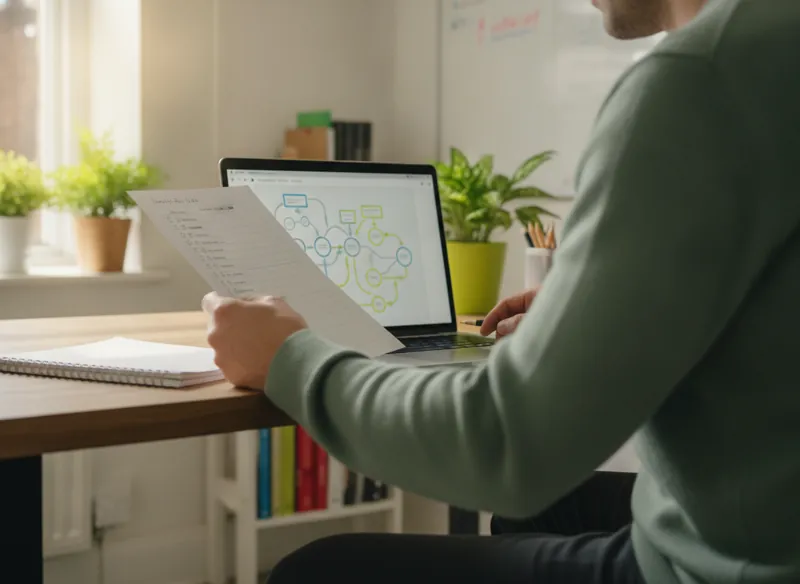 A developer working through a paper checklist beside a laptop showing a site map with redirect arrows