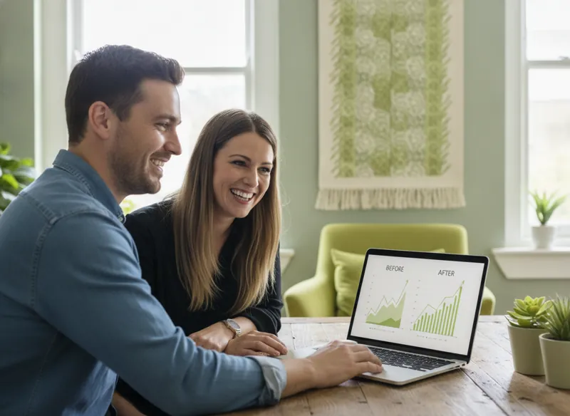 A business owner and designer looking at before-and-after charts with rising lines on a laptop
