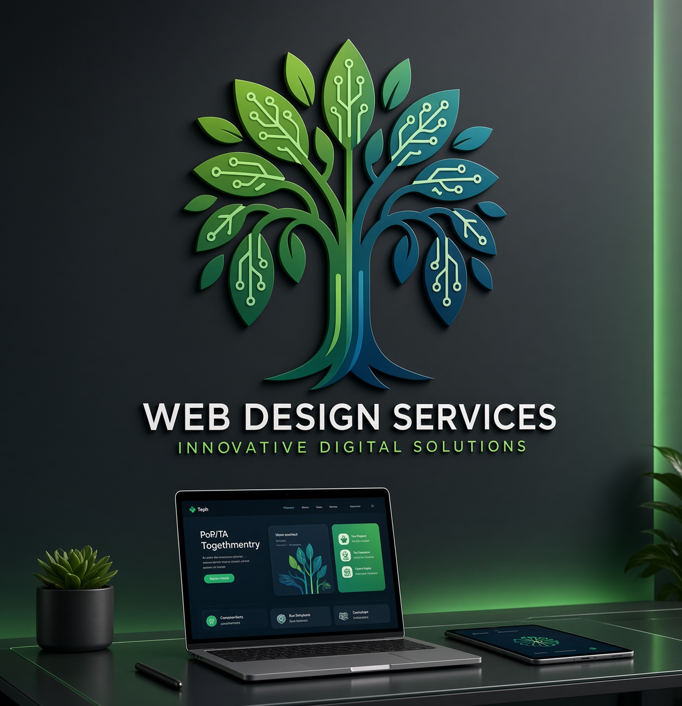 WillowTree web design services — digital tree logo above a laptop showing a website design