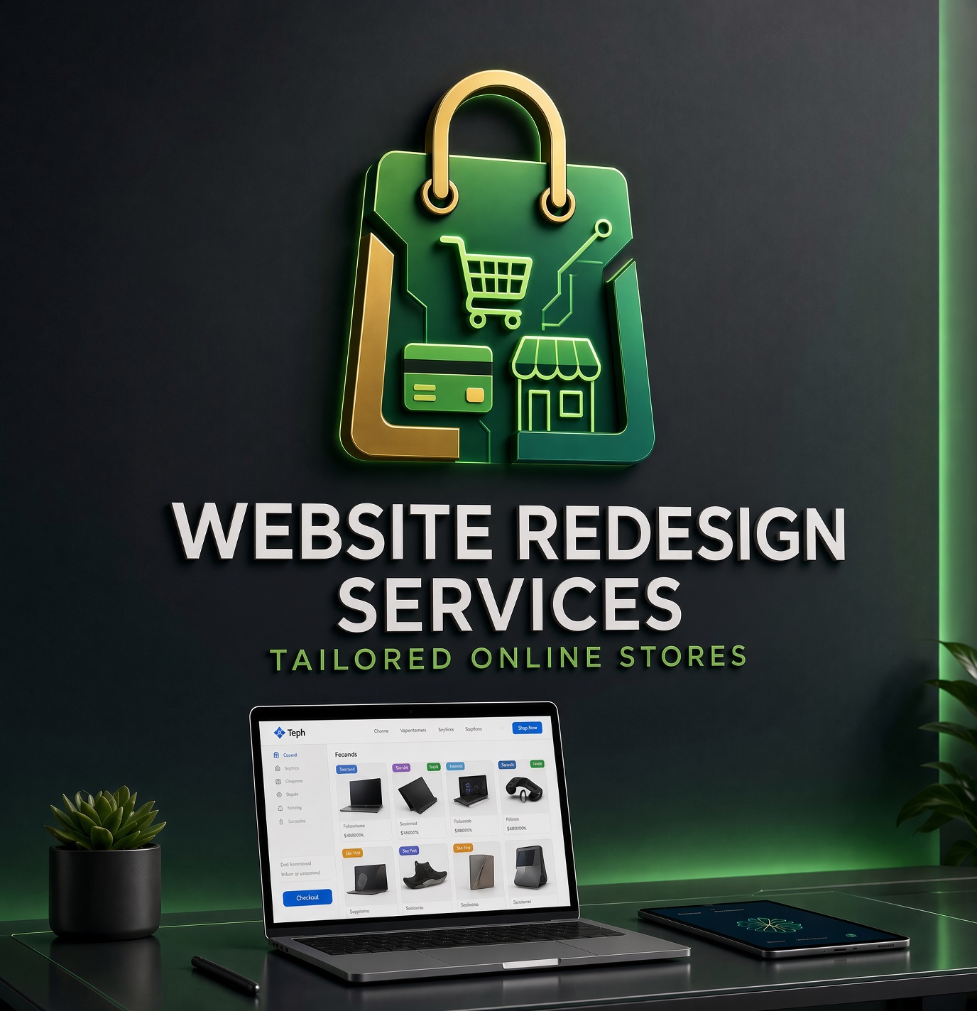 Website redesign services — refreshed online store shown on a laptop beneath the redesign services sign