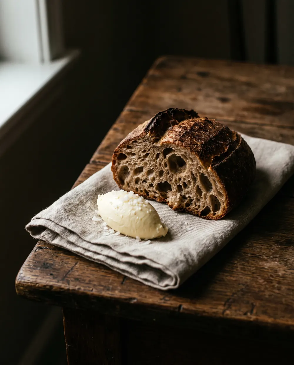 Torn sourdough with whipped cultured butter and sea salt