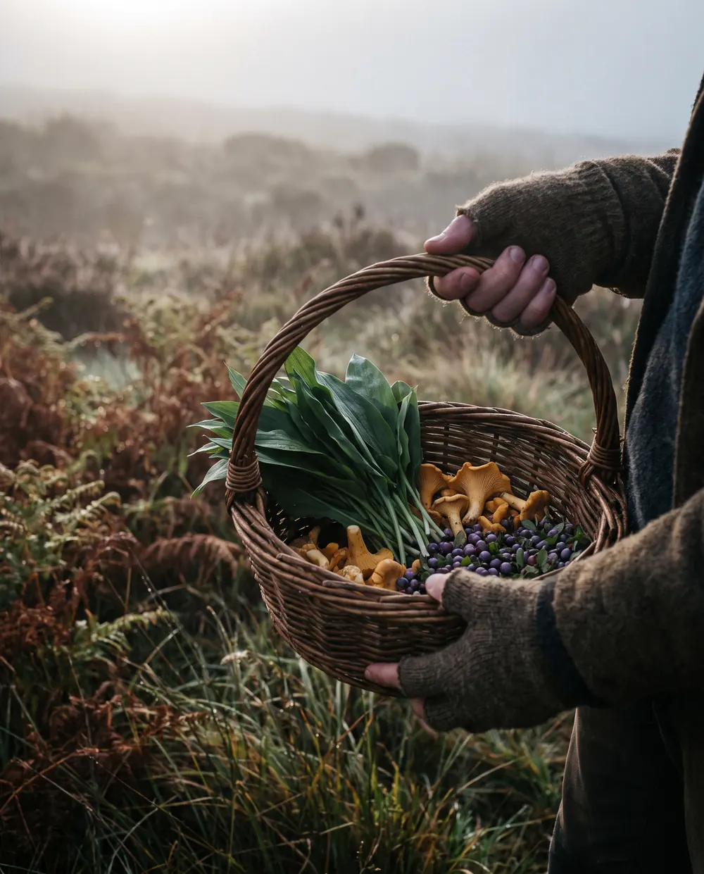 A basket of wild garlic, chanterelles and bilberries on the misty moor