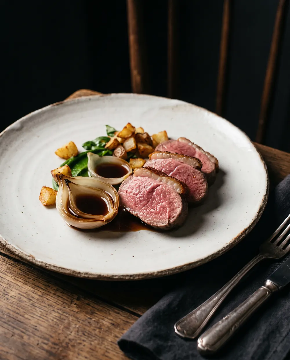 Pink Bowland lamb with smoked onion and wild garlic