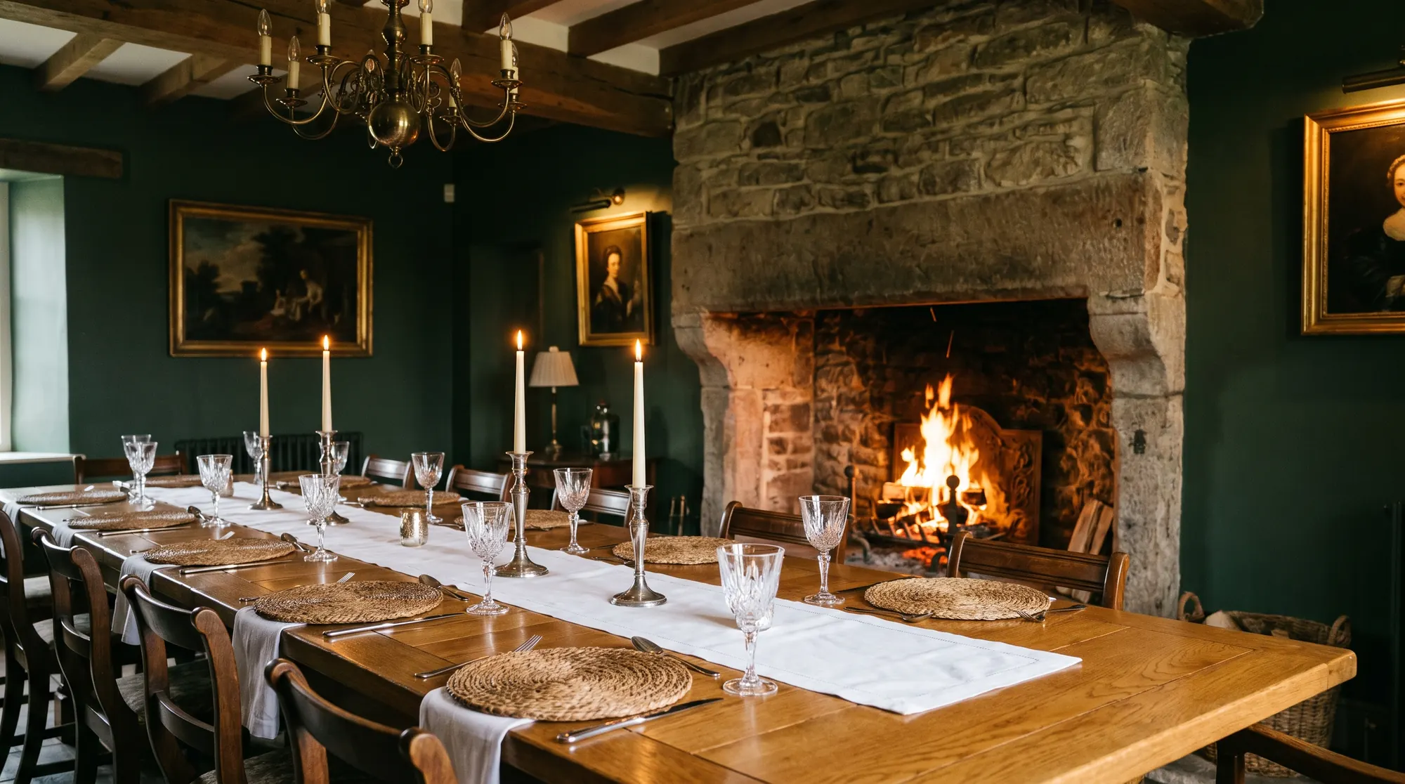 The Long Room: a candlelit oak table for twelve beside a stone fireplace