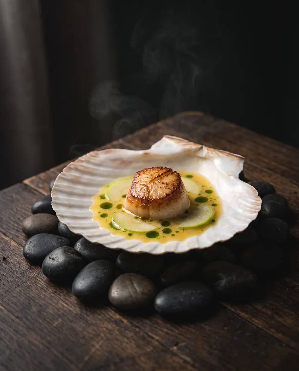 A seared scallop in cultured butter with apple and dill oil