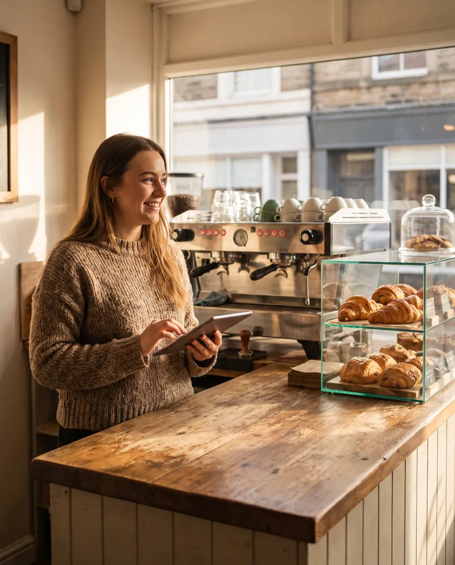 A coffee shop owner behind her counter with a tablet