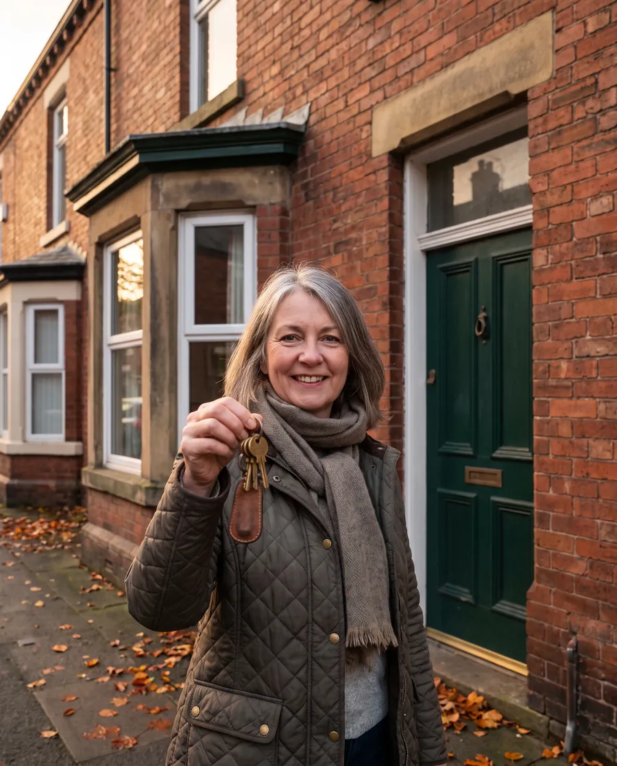 A landlord holding house keys outside a terraced house