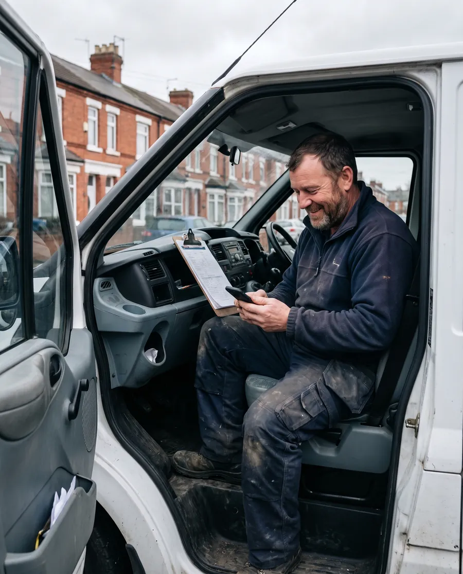 A self-employed builder checking his phone in his van