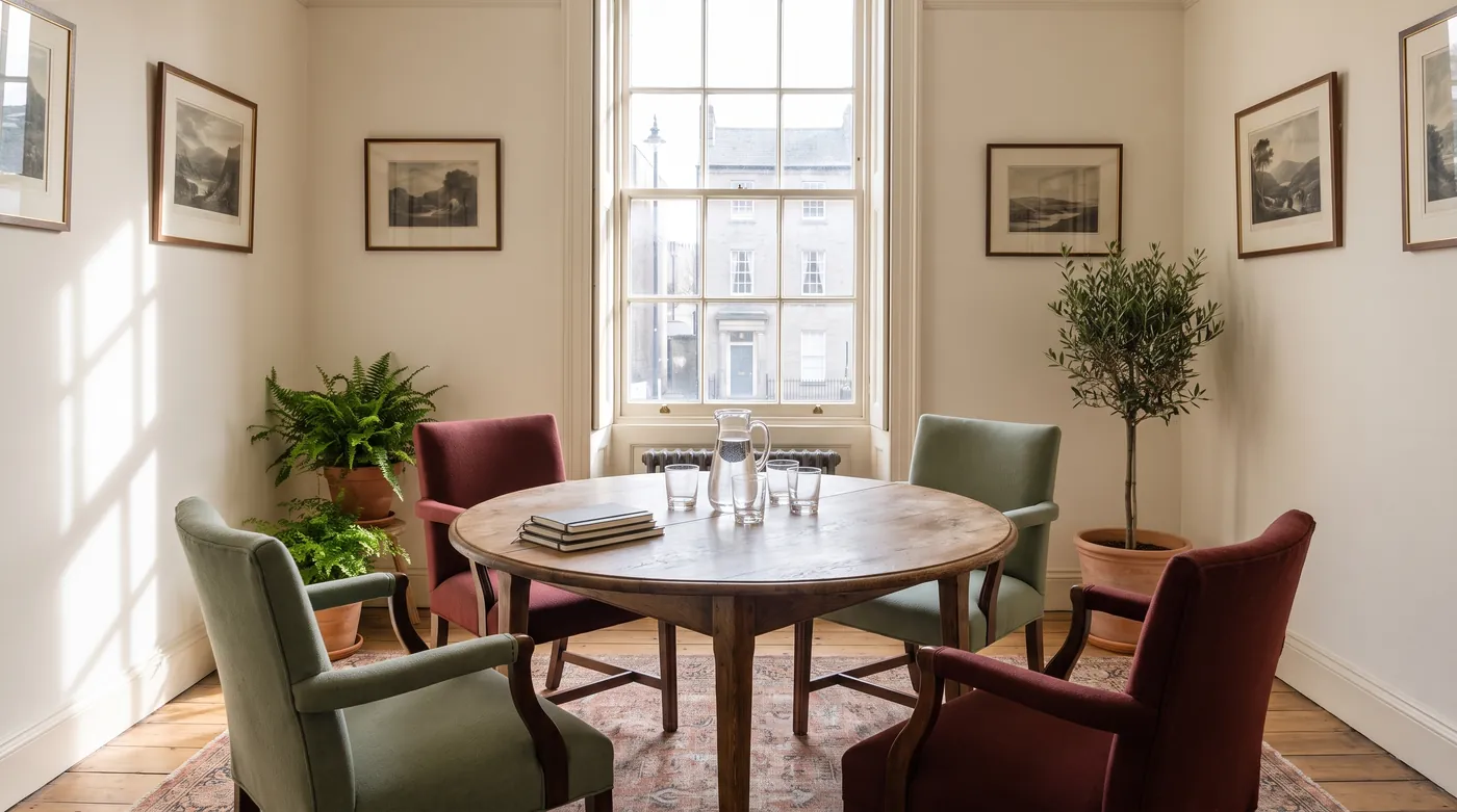 The firm's ground-floor meeting room with a round oak table and a tall sash window