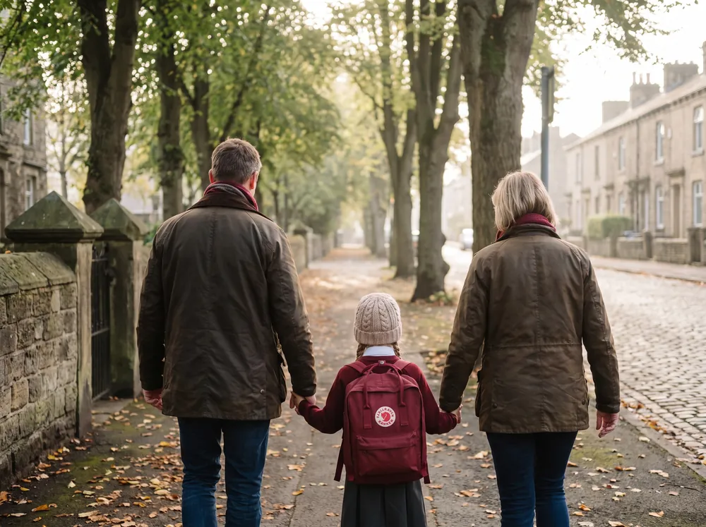 Two parents walking their young child to school along a leafy pavement