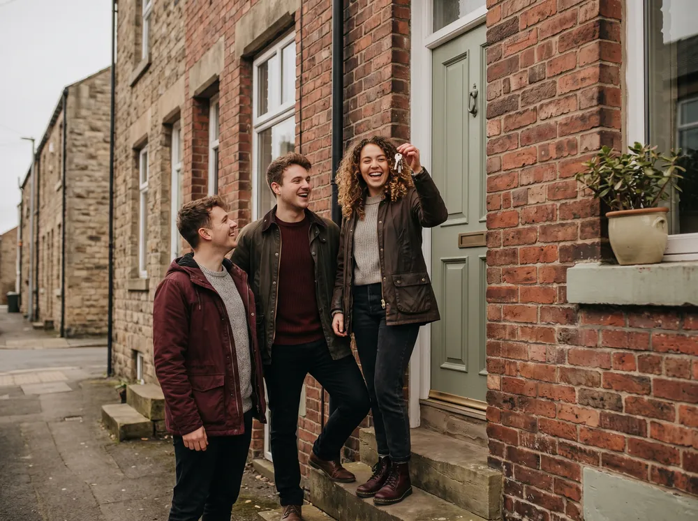 A young couple holding up the keys outside their first terraced house
