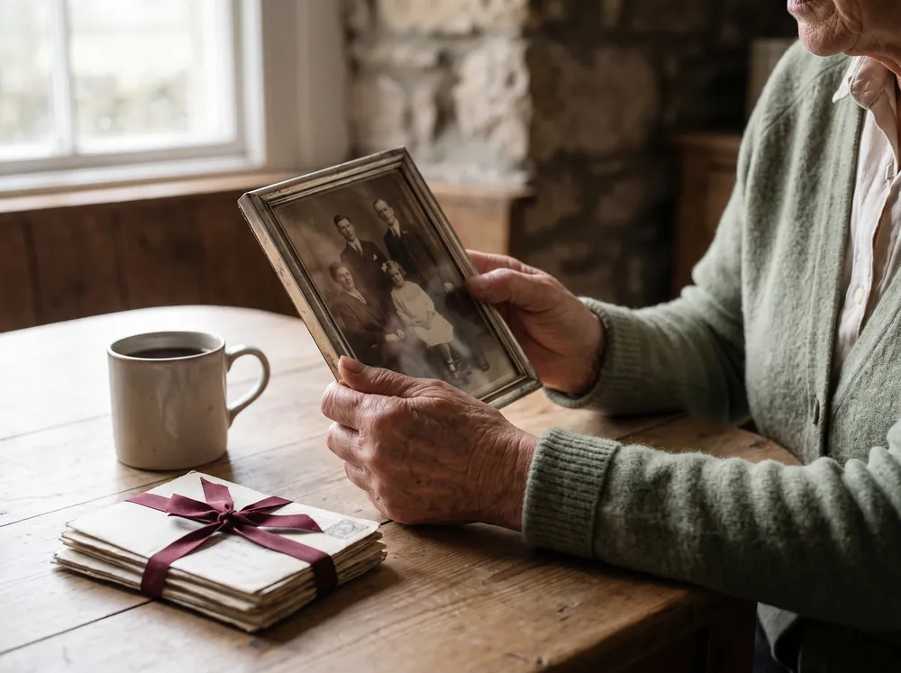 A woman holding an old family photograph beside a cup of tea