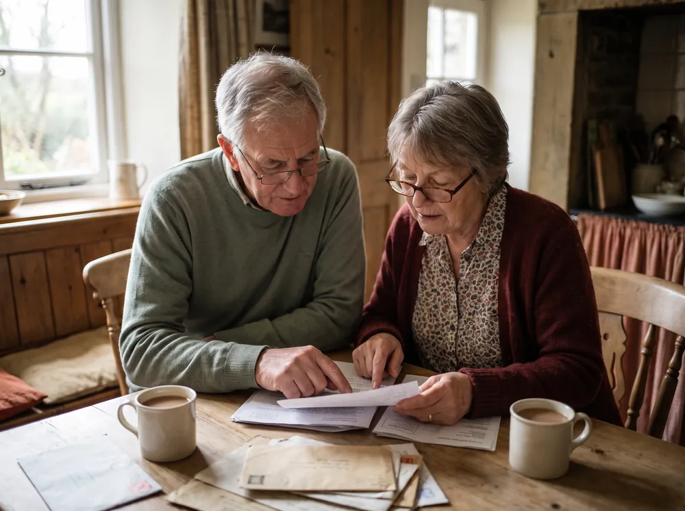 An older couple reading through their wills at the kitchen table