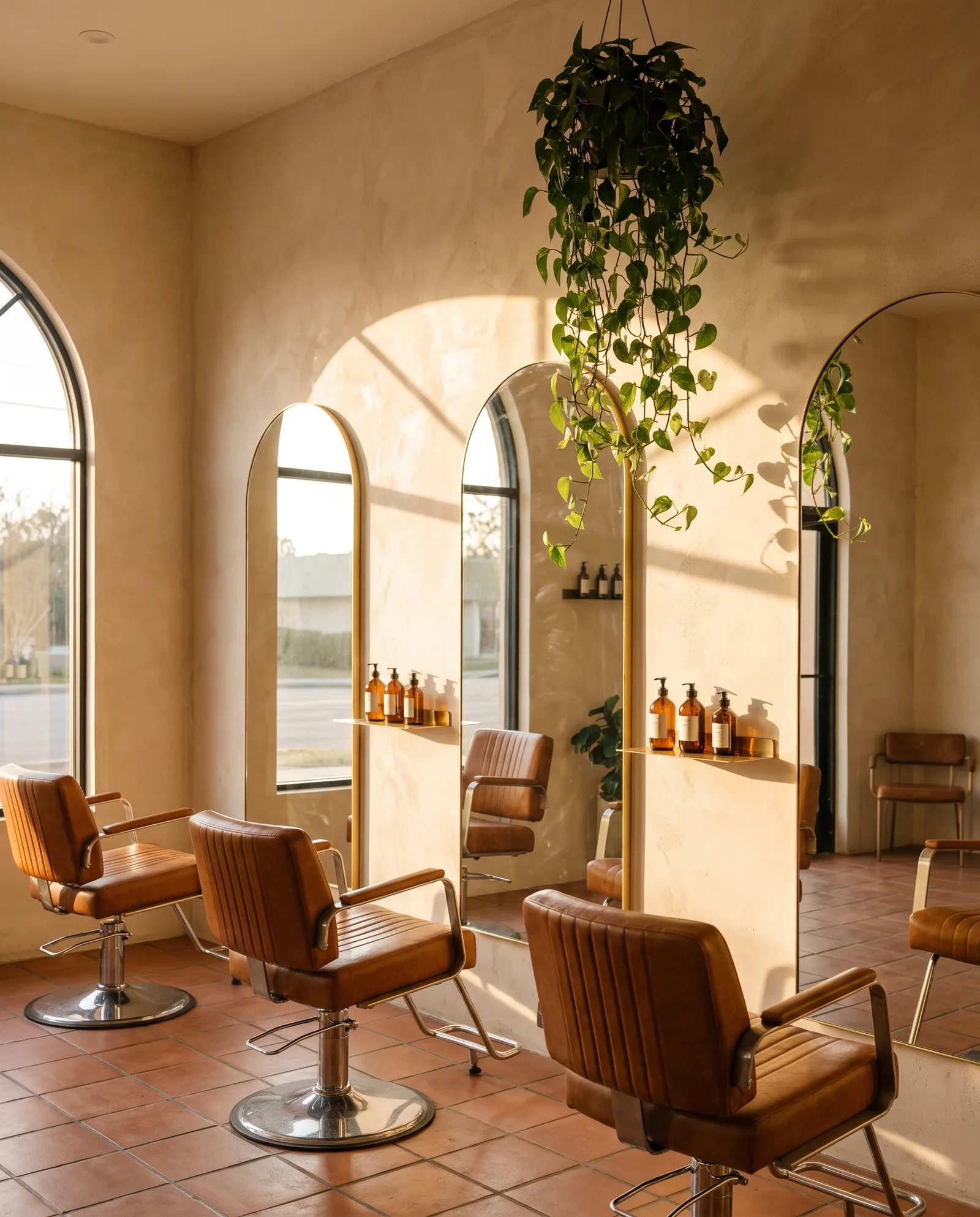 The salon at golden hour: arched mirrors, cognac leather chairs and terracotta tiles