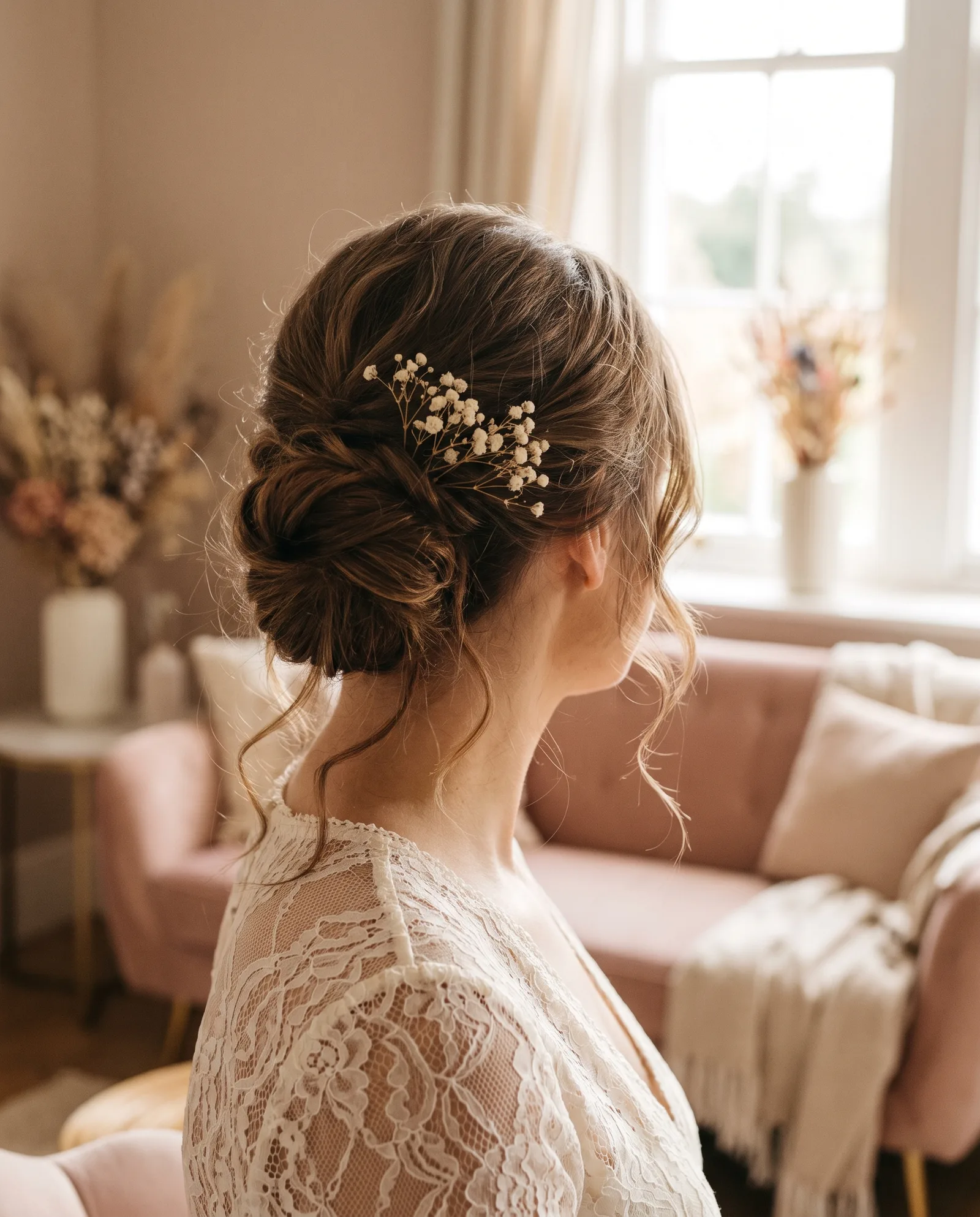 A soft bridal updo with loose tendrils and gypsophila