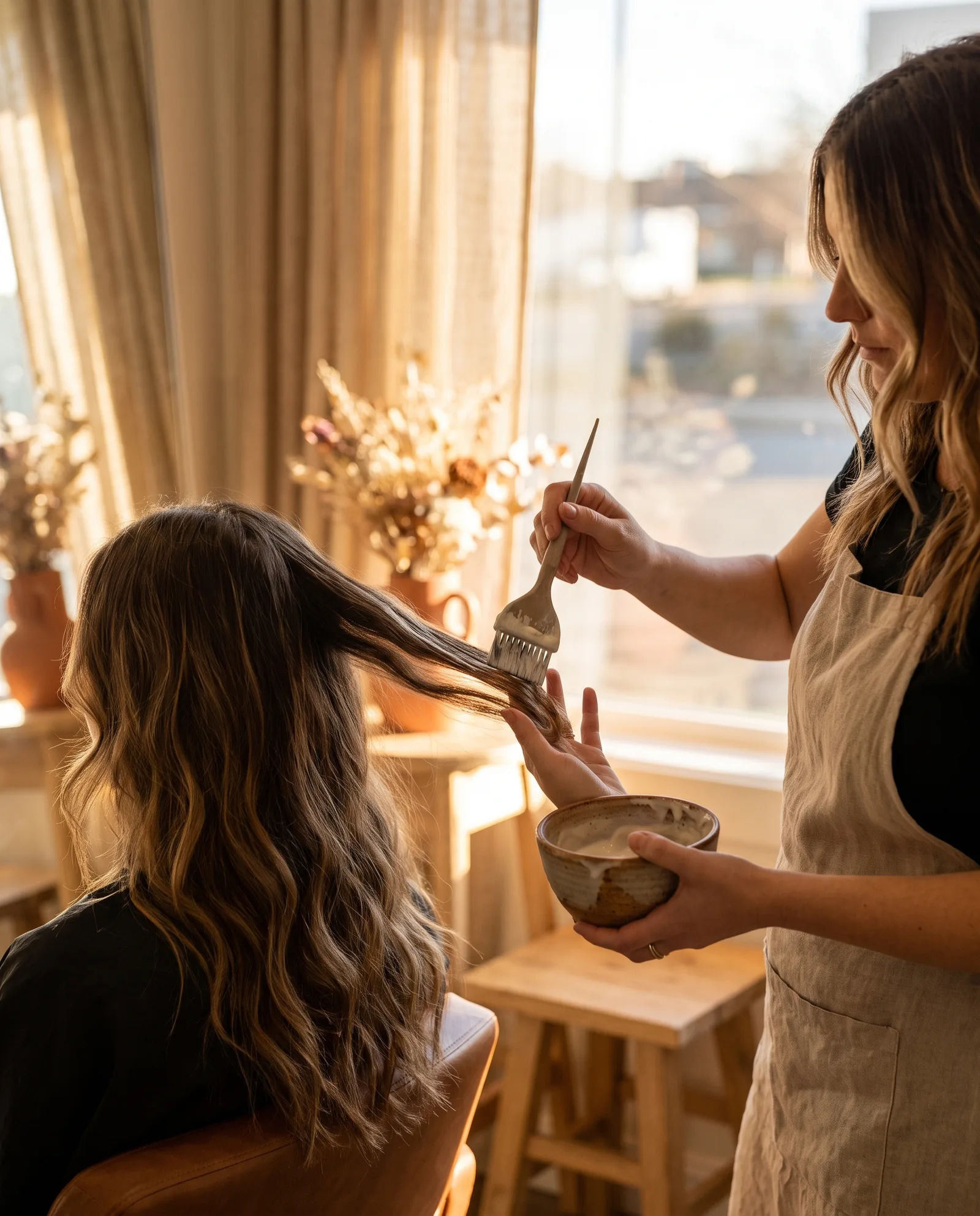 Balayage being hand-painted onto long brown hair