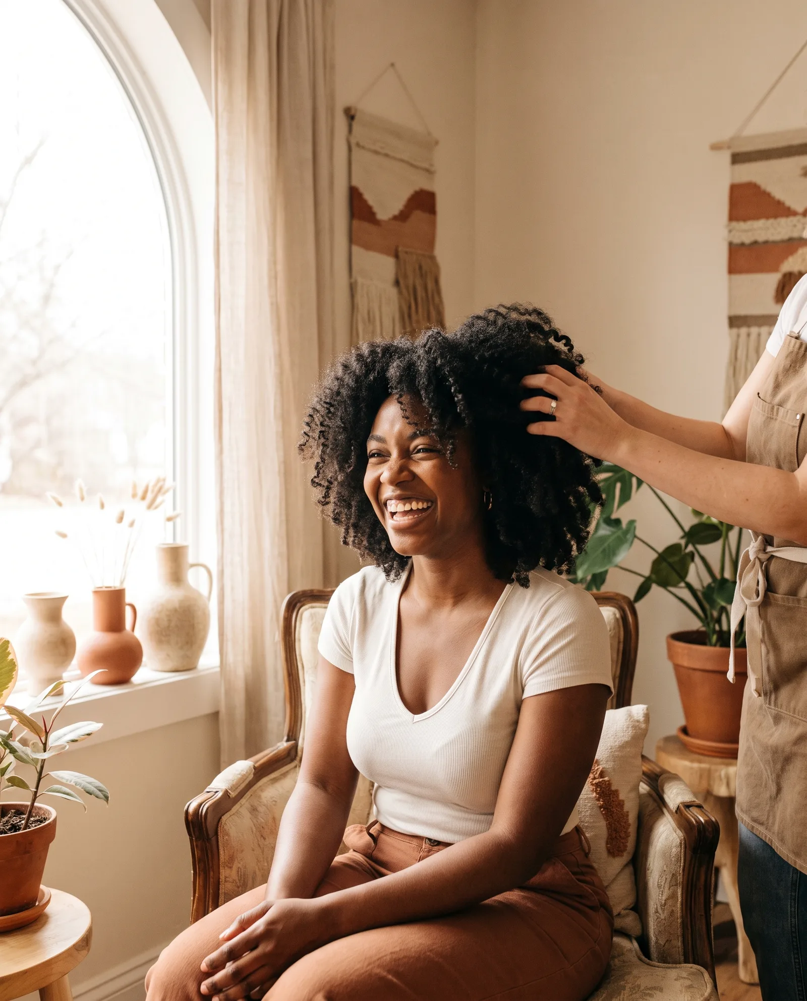 A woman laughing as her stylist scrunches her defined curls