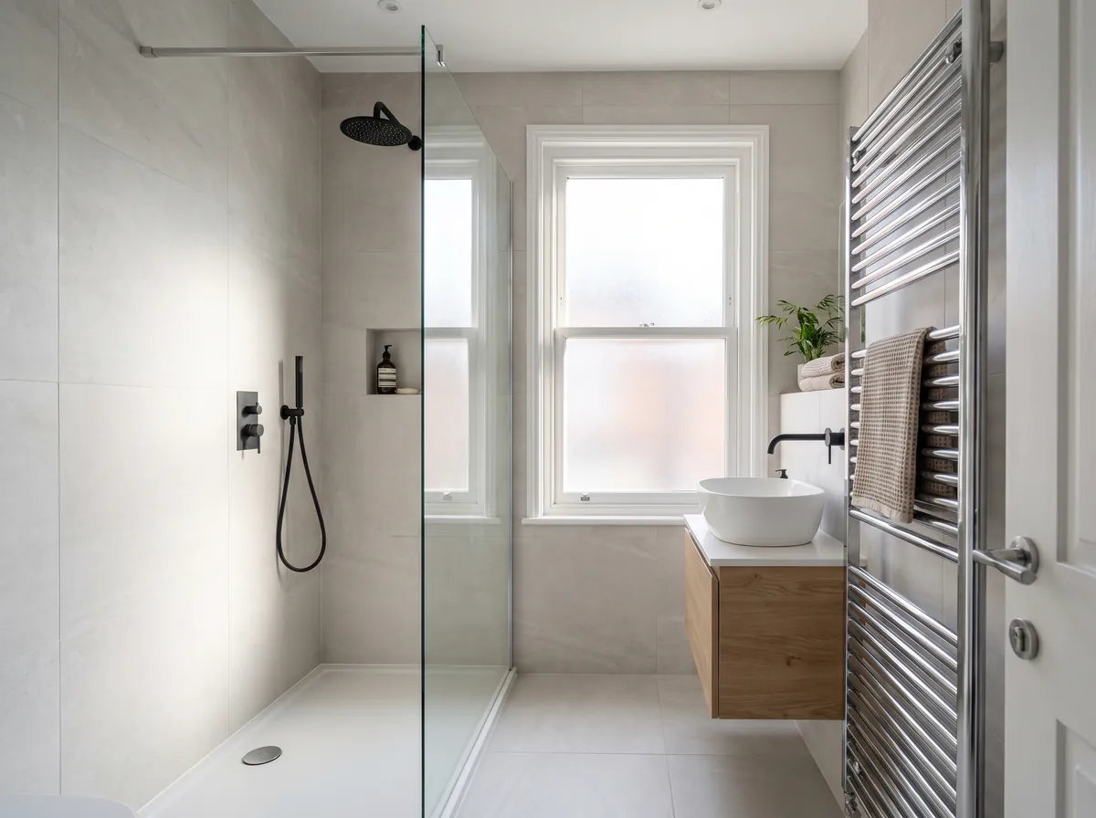 Newly fitted modern bathroom with a walk-in shower and heated towel rail