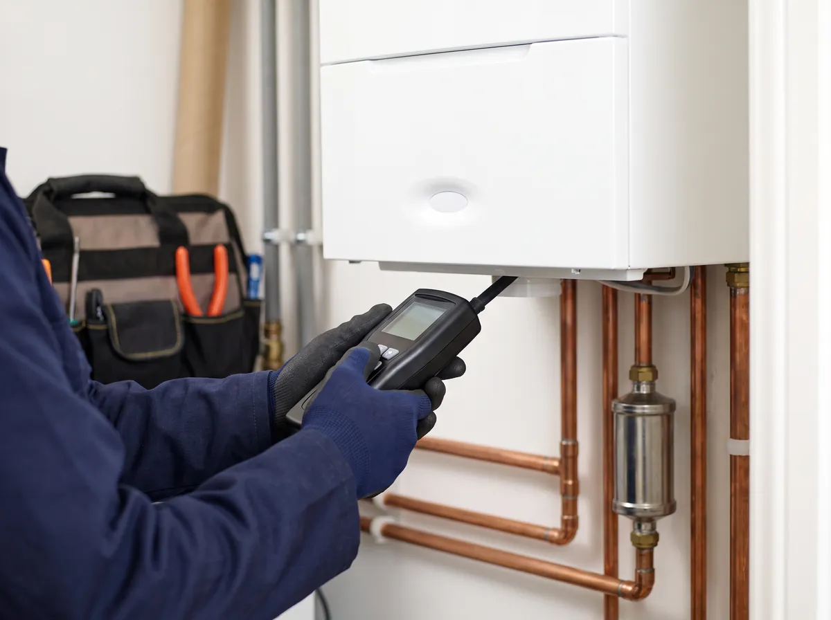 Engineer testing a boiler with a flue gas analyser during a service
