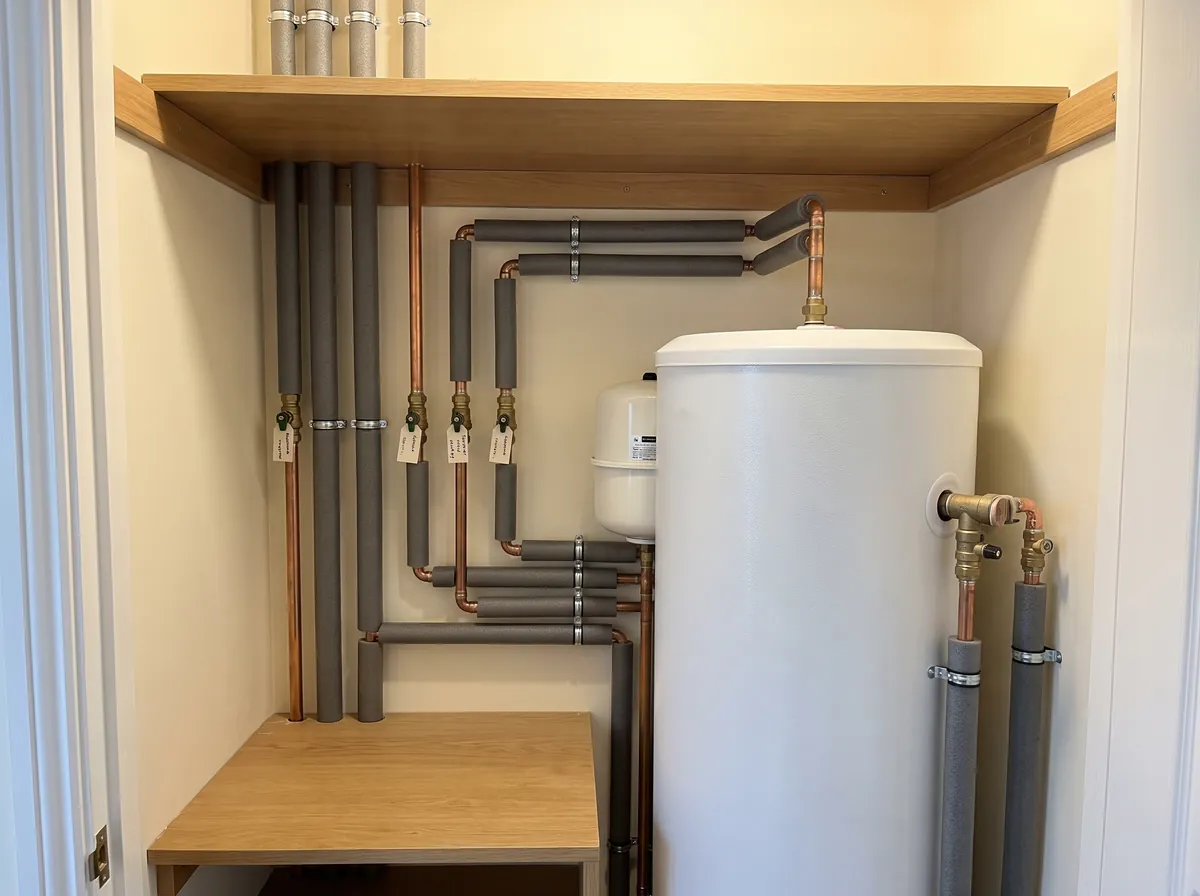 Neatly installed unvented hot water cylinder in an airing cupboard