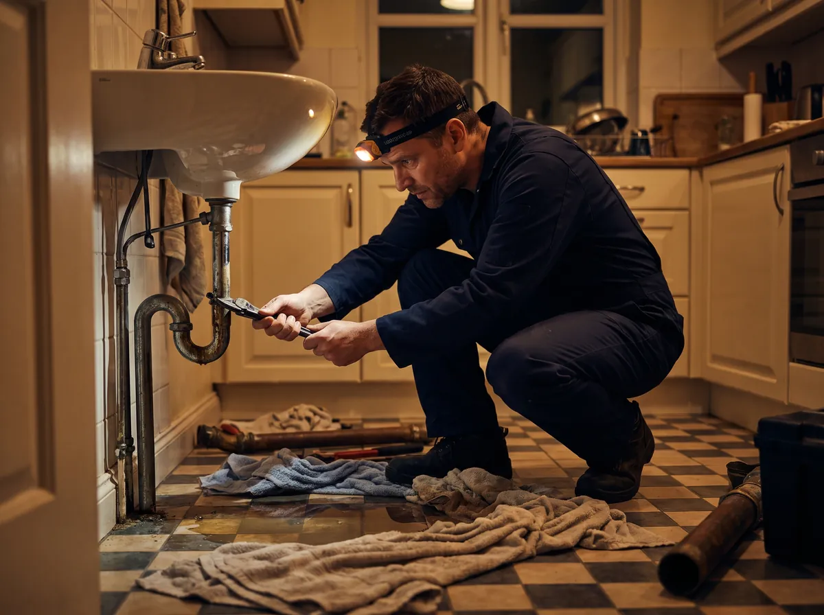 Engineer fixing a leaking pipe under a kitchen sink at night