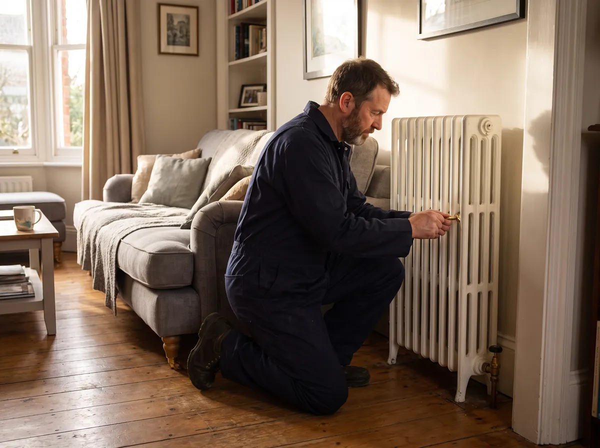 Engineer bleeding a cast iron radiator in a living room