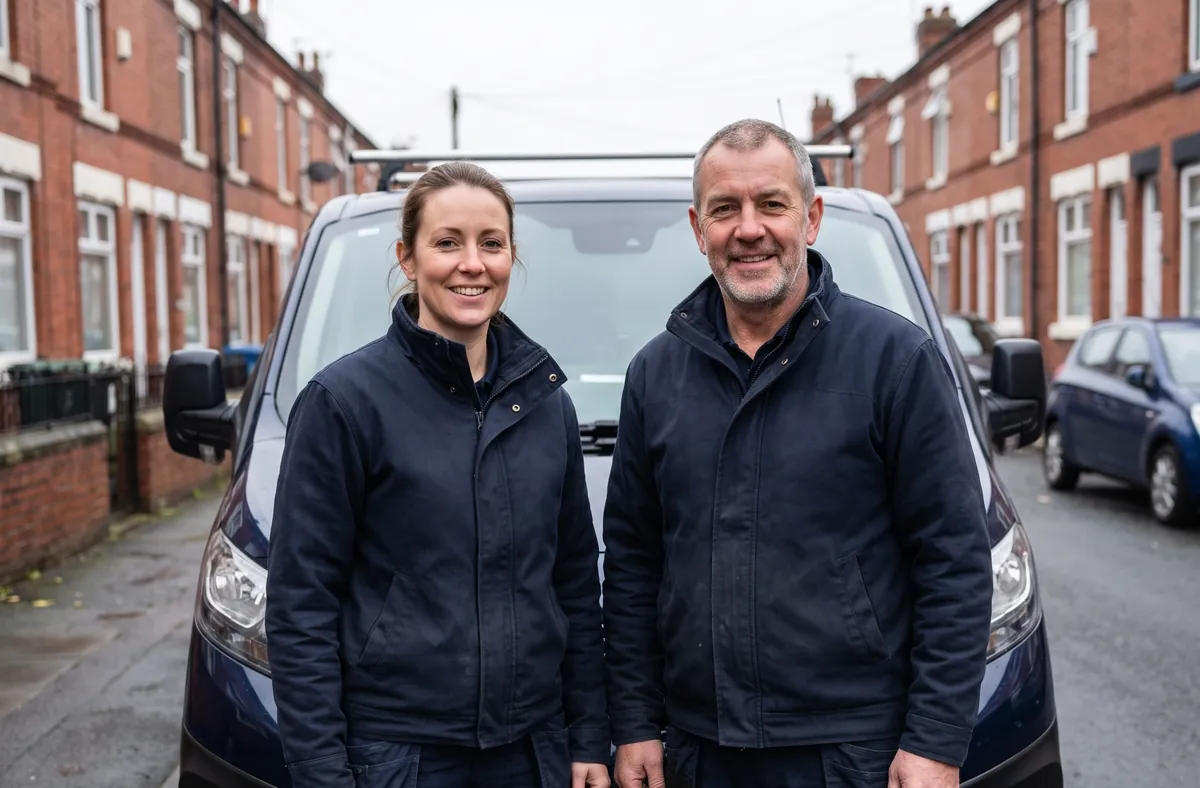Hannah and Dan from Kettlewell standing beside their van on a Bolton street
