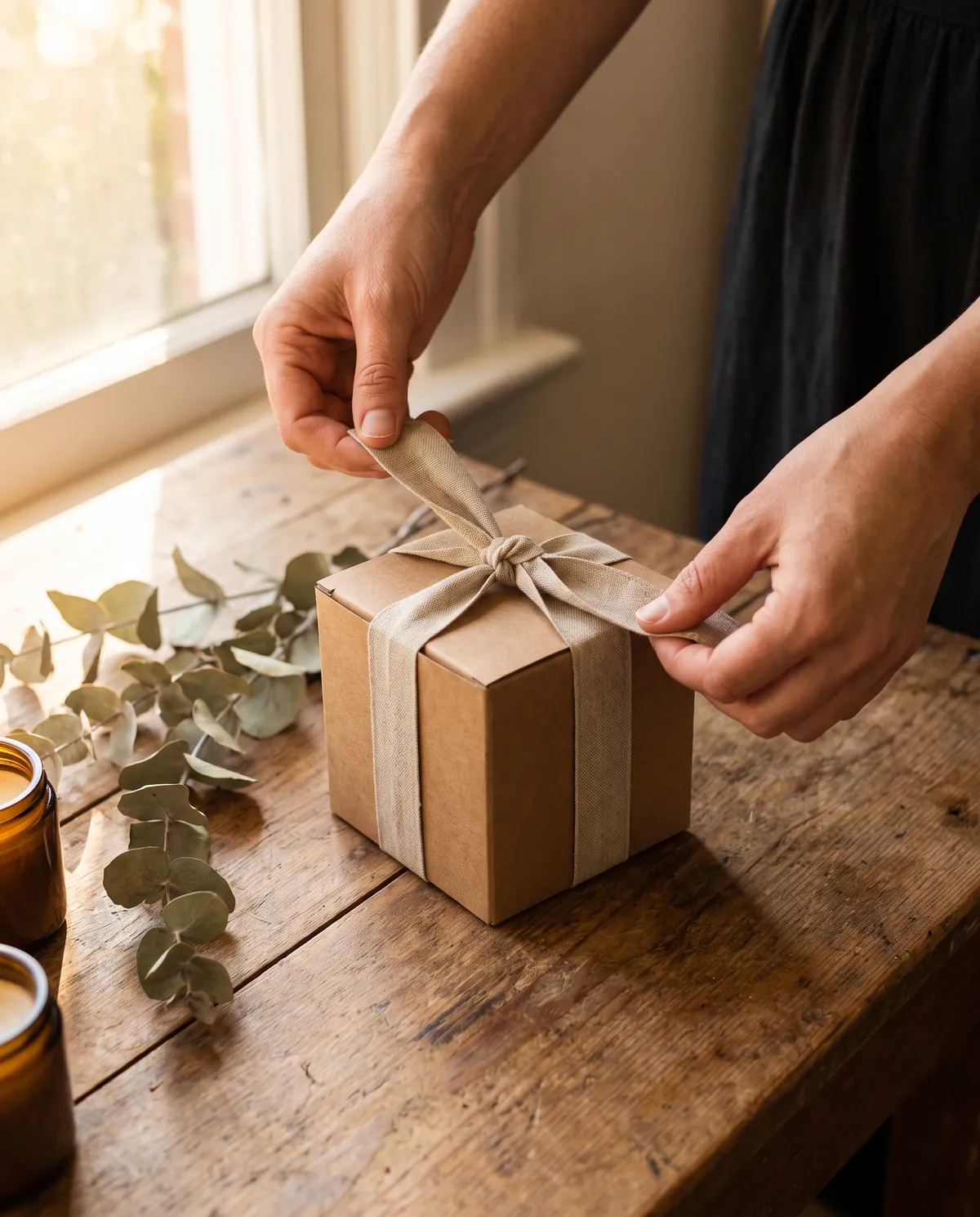 Hands tying ribbon around a candle gift box