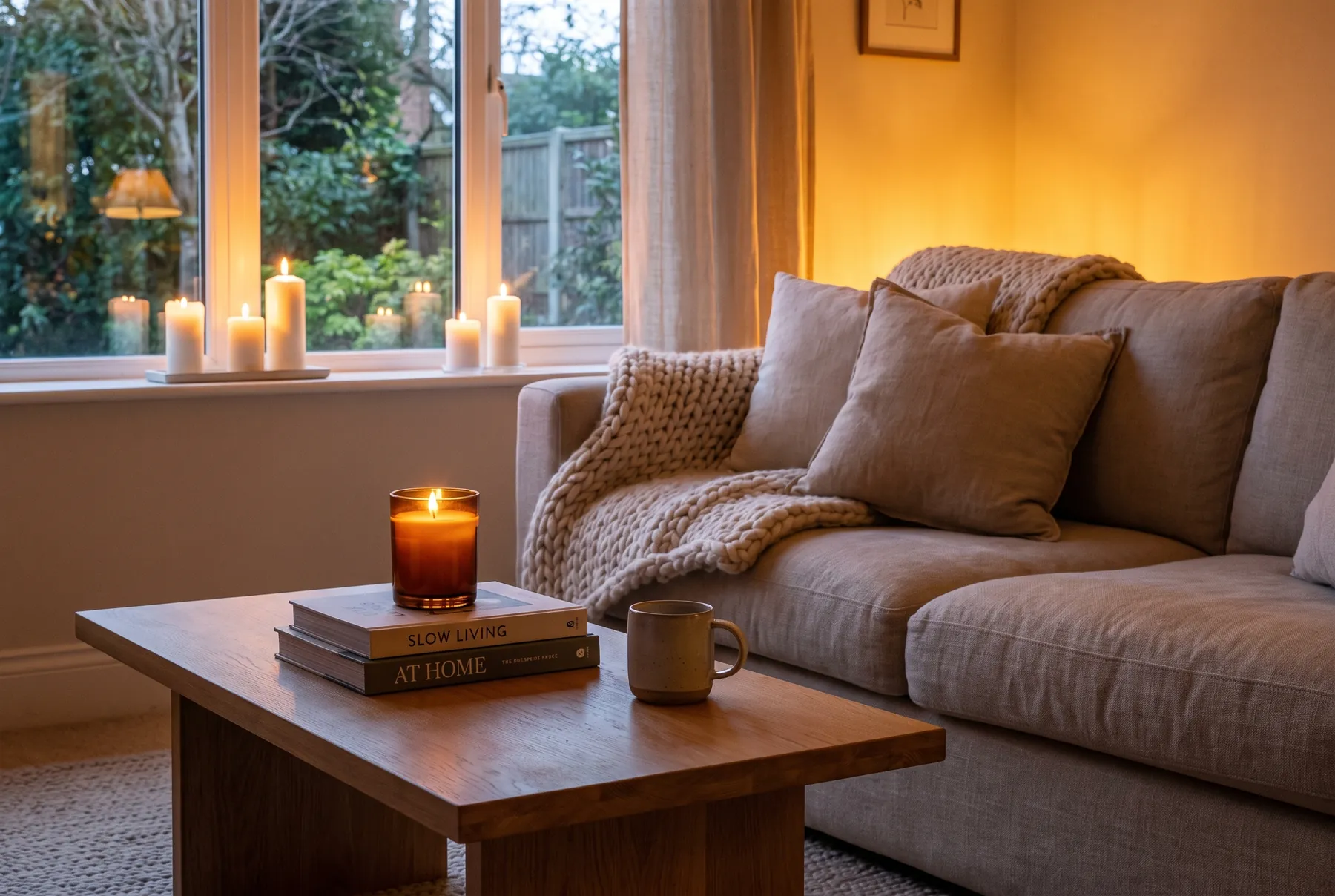 A cosy living room at dusk lit by candles