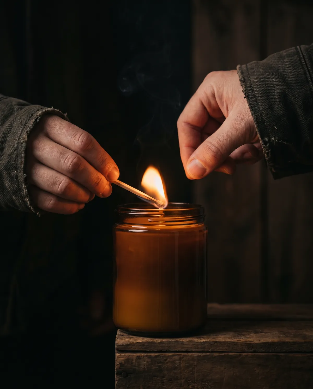 A hand lighting a candle with a long match