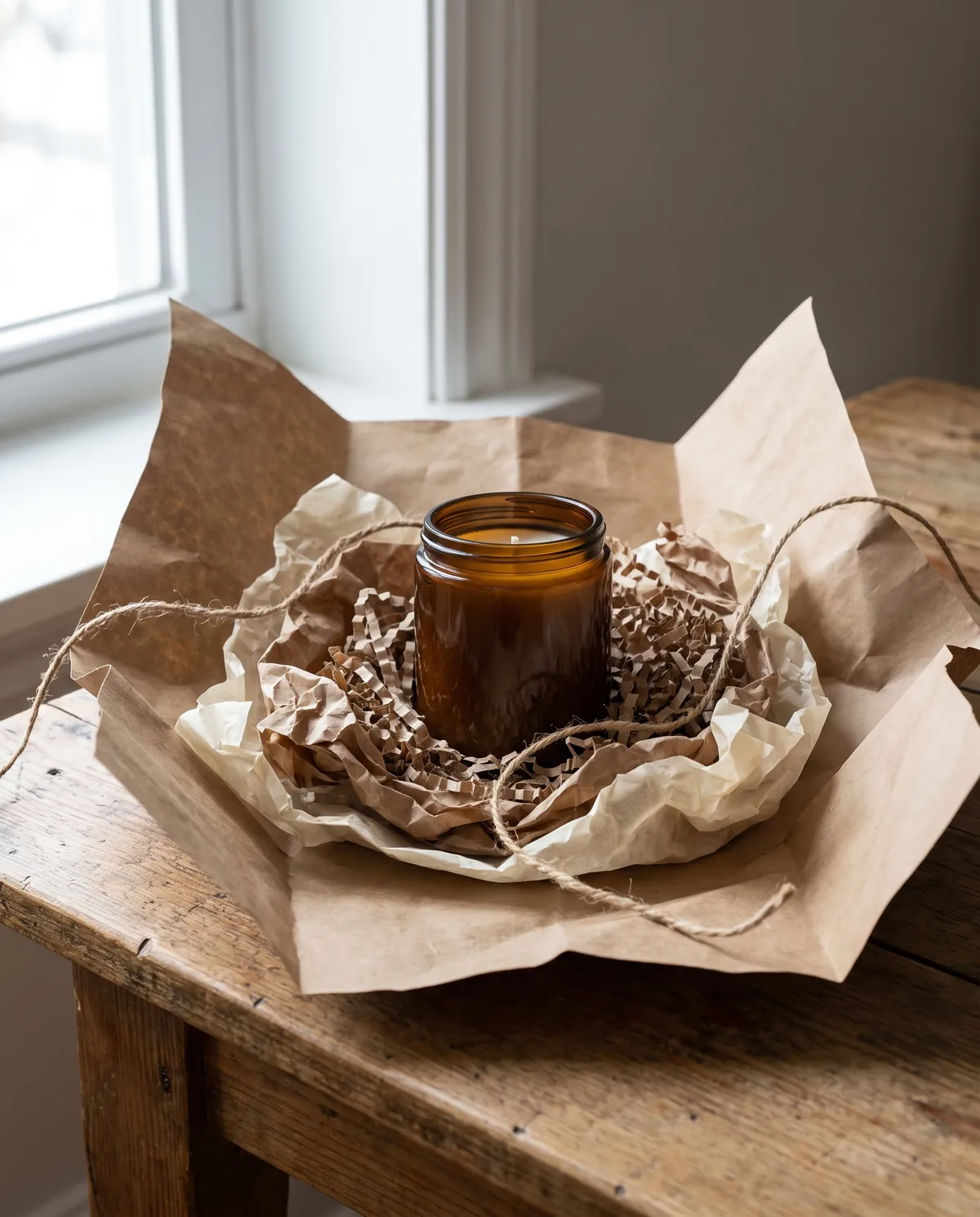 A candle packed in recycled paper inside a kraft parcel